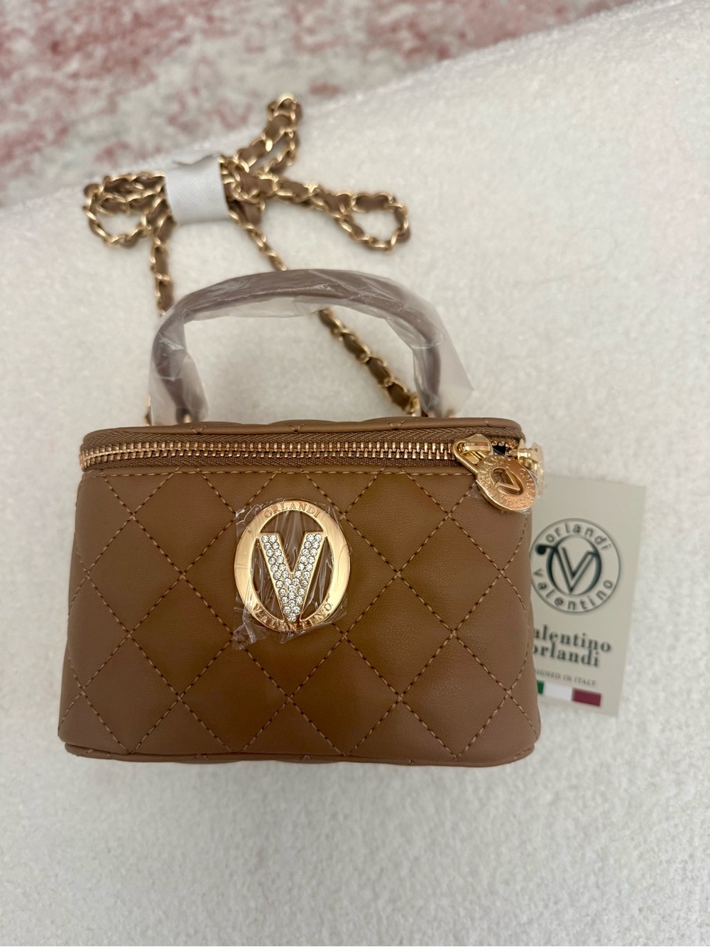 Valentino Orlandi Quilted Brown Mini Top-Handle Crossbody with Gold V Logo
